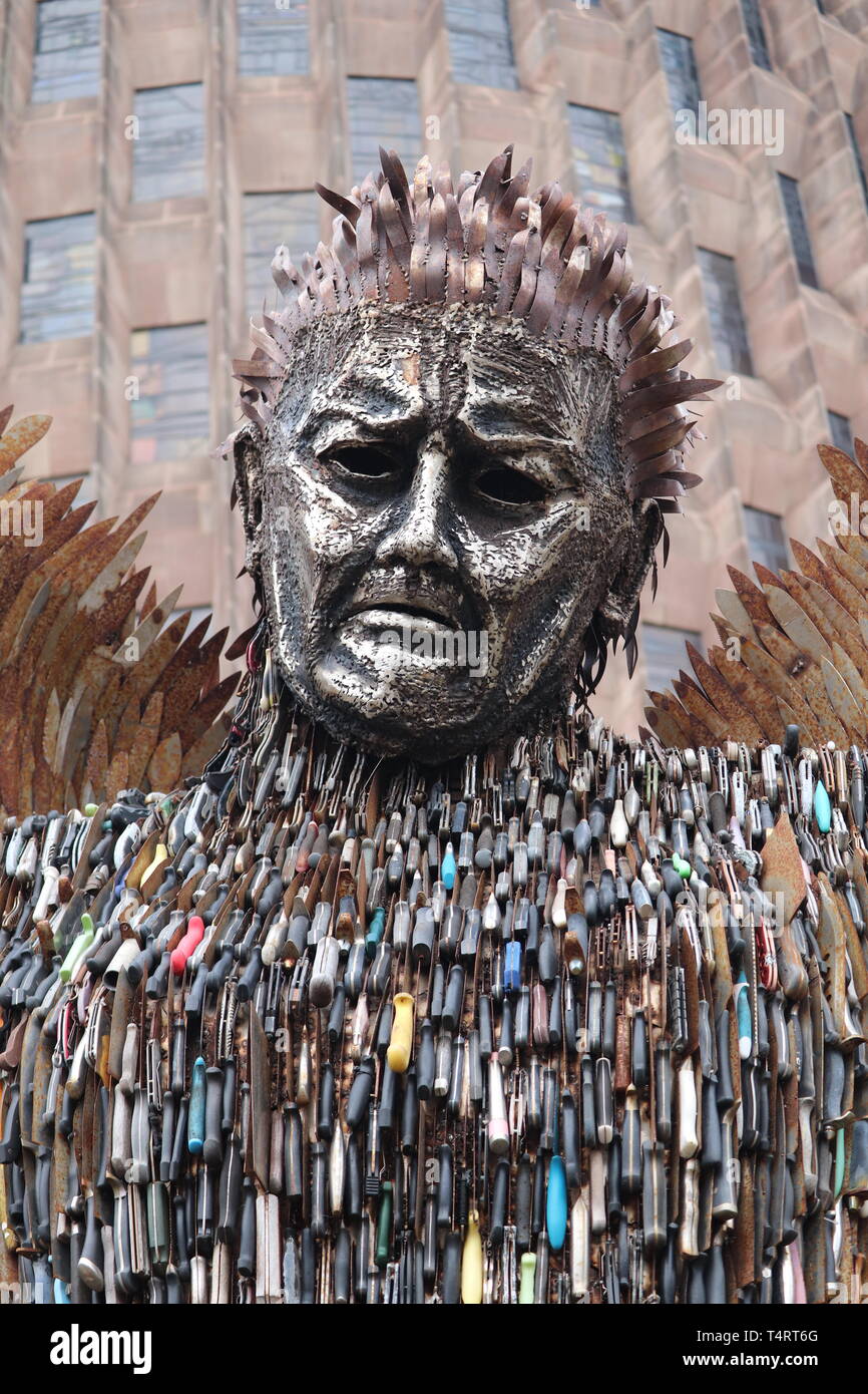 Statue made out of knives to show danger and sadness .outside Coventry