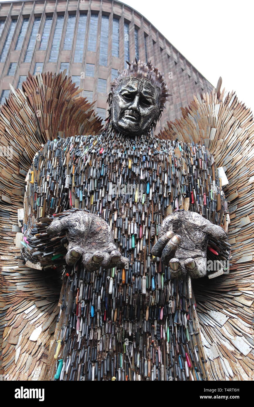 Statue made out of knives to show danger and sadness .outside Coventry