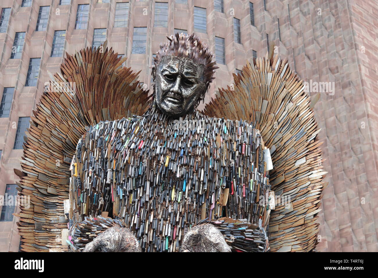 Statue made out of knives to show danger and sadness .outside Coventry