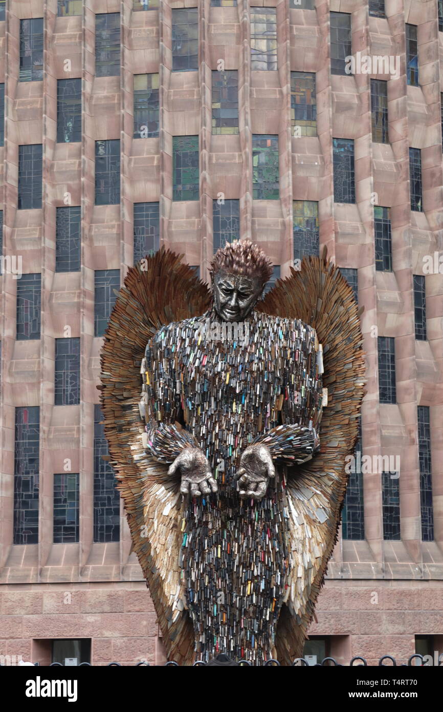 Statue made out of knives to show danger and sadness .outside Coventry cathedral March 2019 Stock Photo
