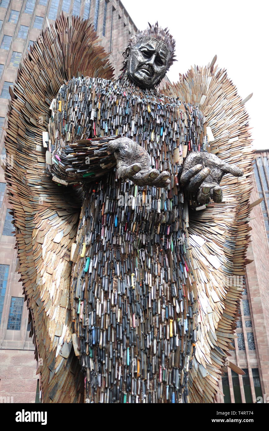 Statue made out of knives to show danger and sadness .outside Coventry cathedral March 2019