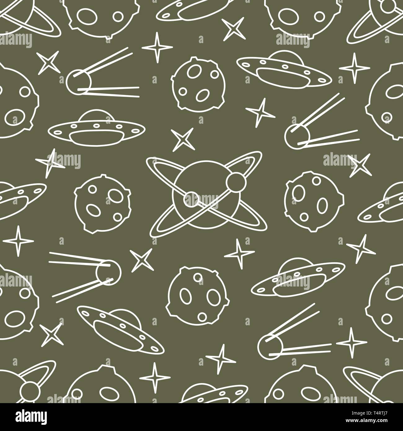Vector seamless pattern with UFO, satellite, planets, stars. Space ...