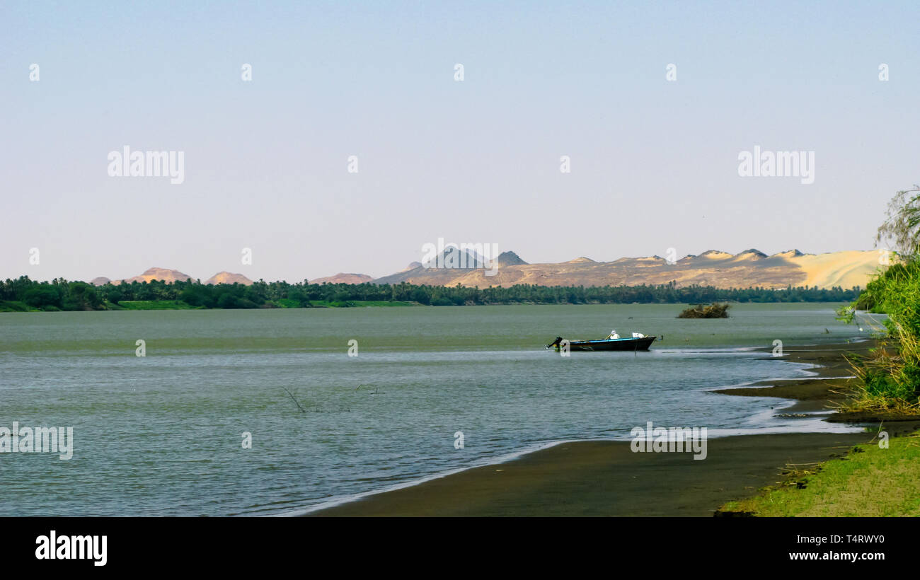 Panoramic landscape with the Nile river near Sai island at Kerma, Sudan Stock Photo