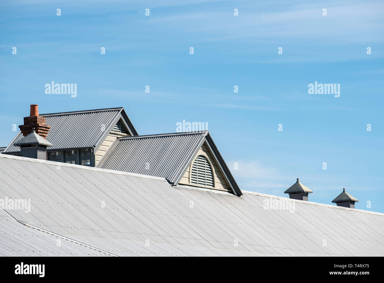 Galvanized corrugated iron roofing at the Parramatta South Campus of Western Sydney University (WSU), New South Wales, Australia Stock Photo