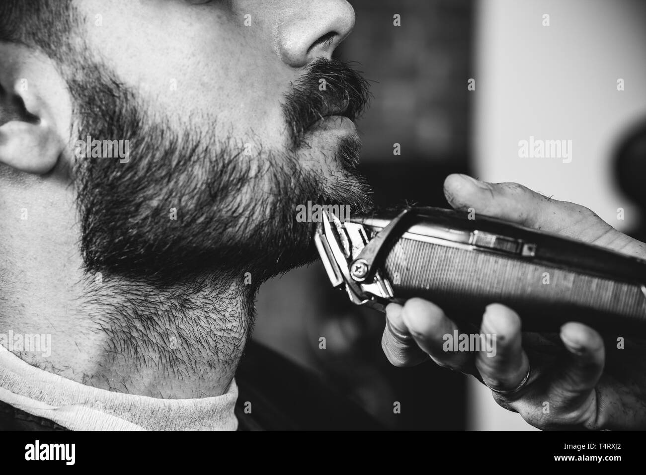 Young handsome barber making haircut for attractive bearded man at barbershop. Black and white or colorless photo. Hairstyle, salon, hairdresser, barber shop, lifestyle concept. Caucasian male models. Stock Photo