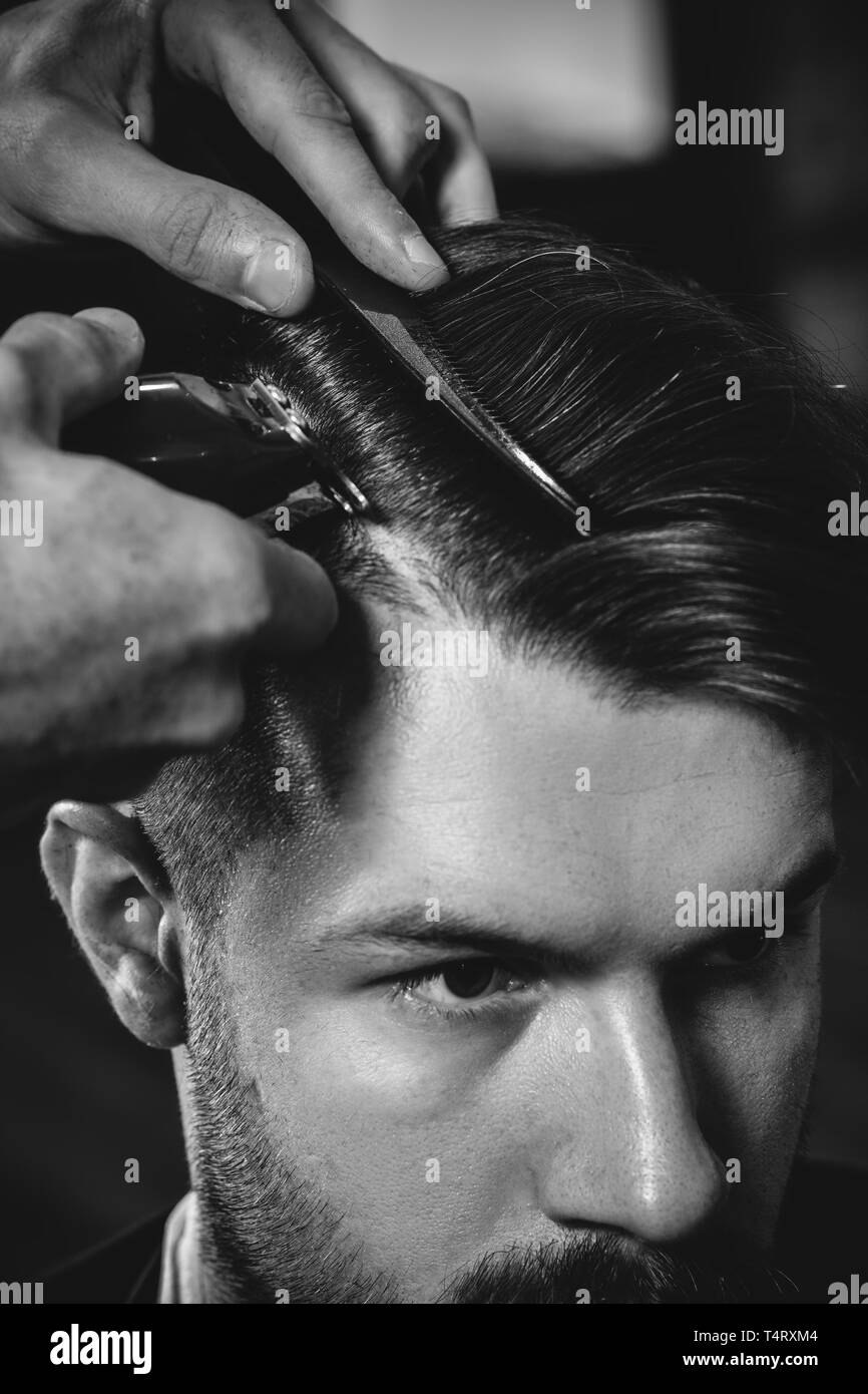 Young handsome barber making haircut for attractive bearded man at barbershop. Black and white or colorless photo. Hairstyle, salon, hairdresser, barber shop, lifestyle concept. Caucasian male models. Stock Photo