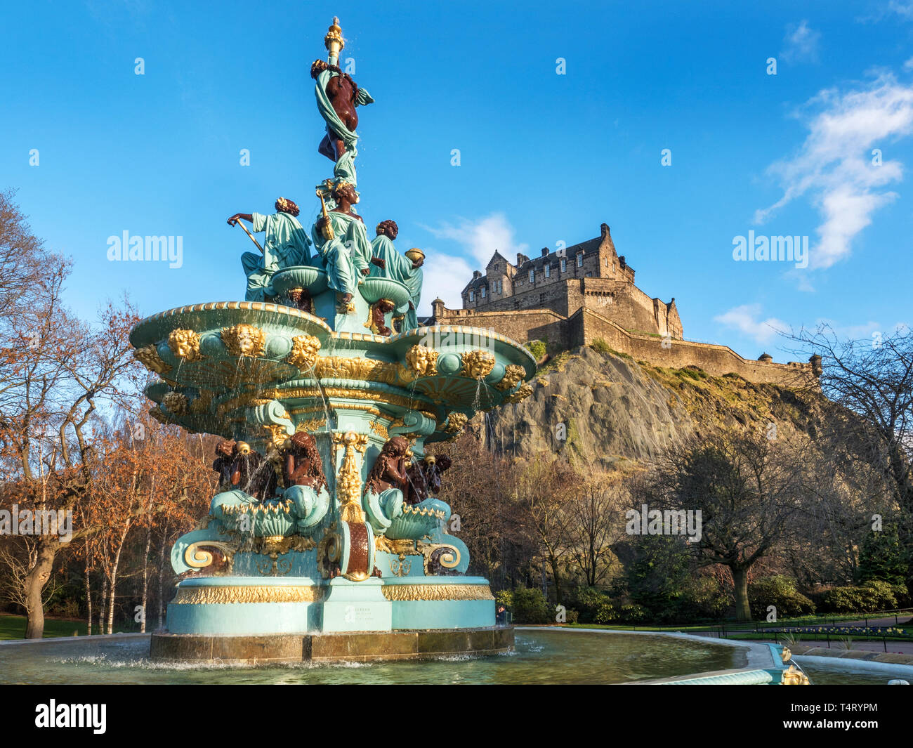 The Ross Fountain and Edinburgh Castle from West Princes Street Gardens Edinburgh Scotland Stock Photo