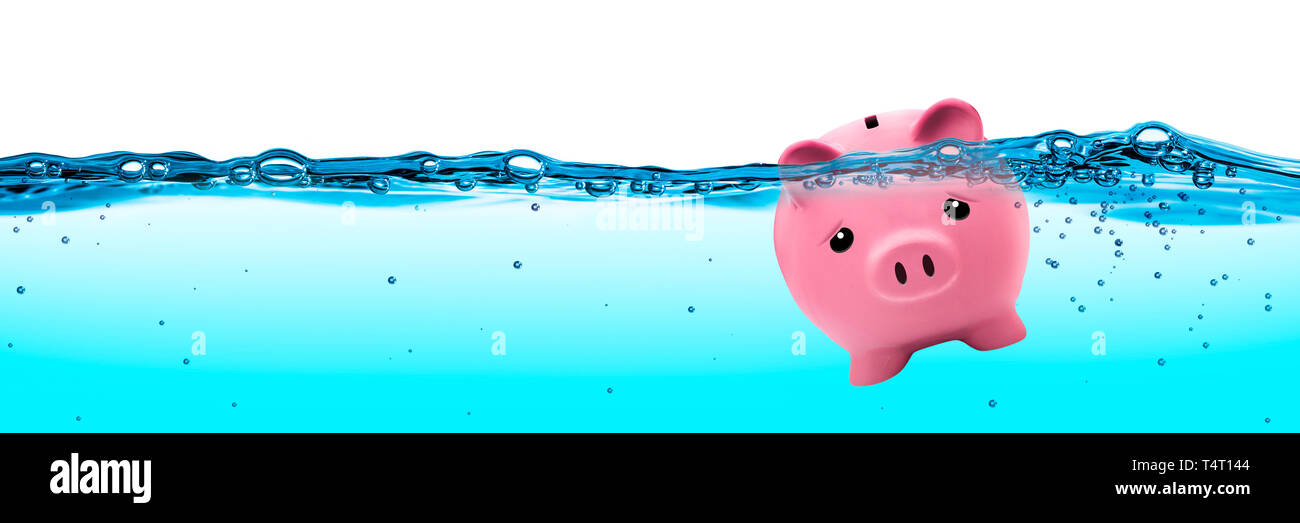 Pink Piggy Bank Drowning Under Water - Financial Debt Concept Stock Photo