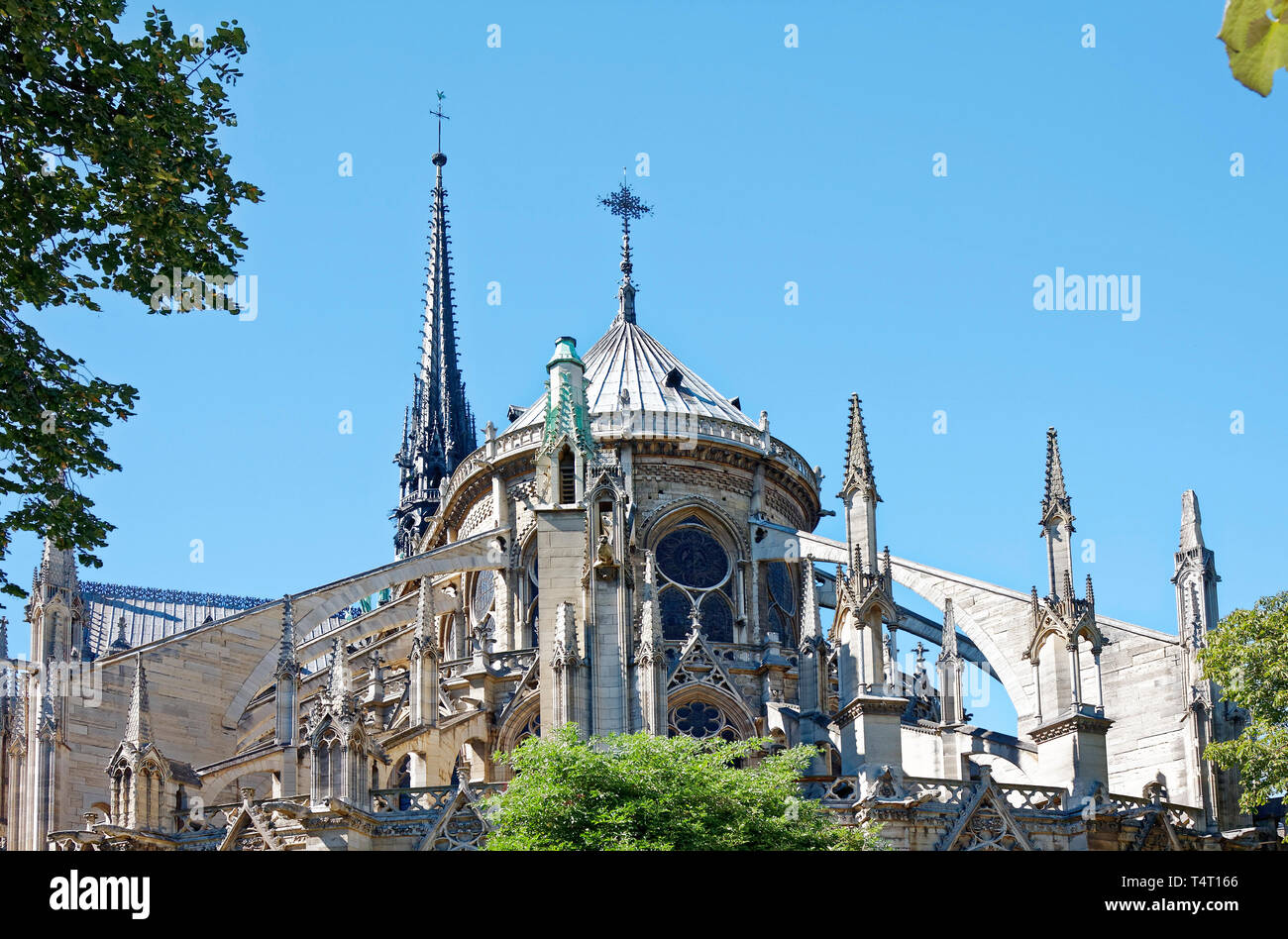 Notre Dame Cathedral; rear view, intricate spires, flying buttresses