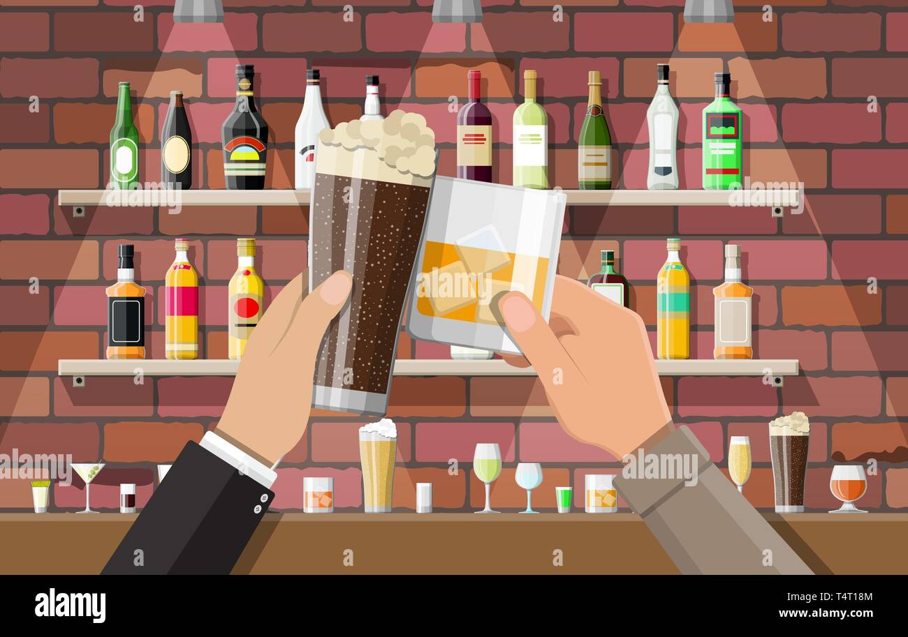 Hands group holding glasses with various drinks. Drinking establishment ...
