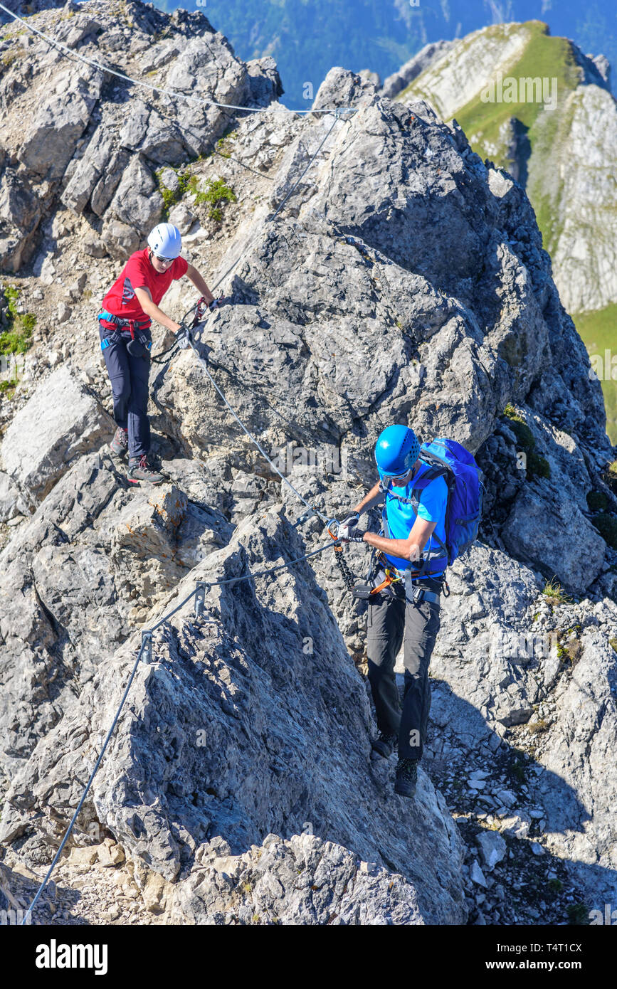 Two climbers at the summit ridge of Karhorn in Vorarlberg near Warth Stock Photo
