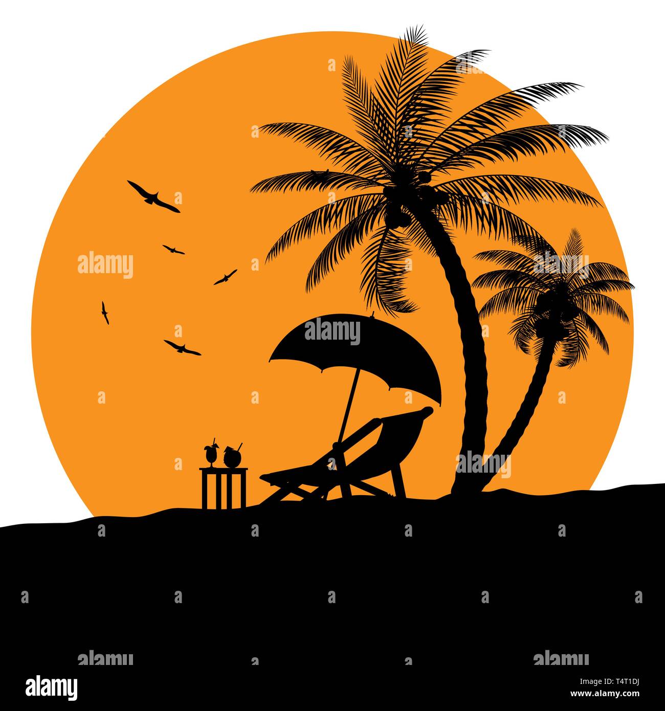 Silhouette Of Wooden Chaise Lounge Palm Tree On Beach Umbrella And