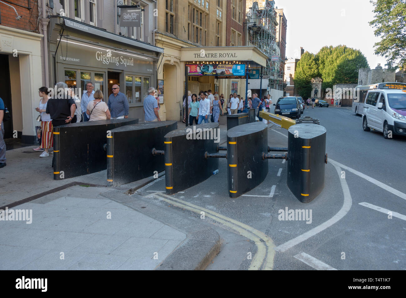 Anti-terrorist security barrier outside the Theatre Royal, just below the walls of Windsor Castle, Windsor, Berkshire, UK. Stock Photo