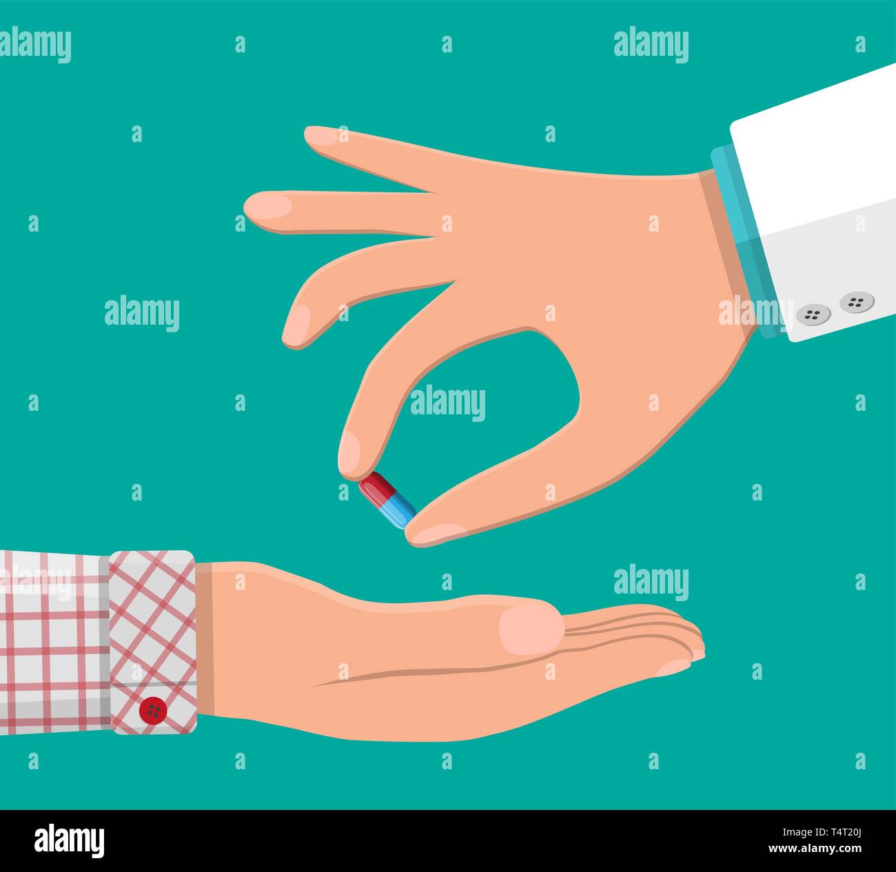 Doctor hand gives capsule to patient. Taking medication concept