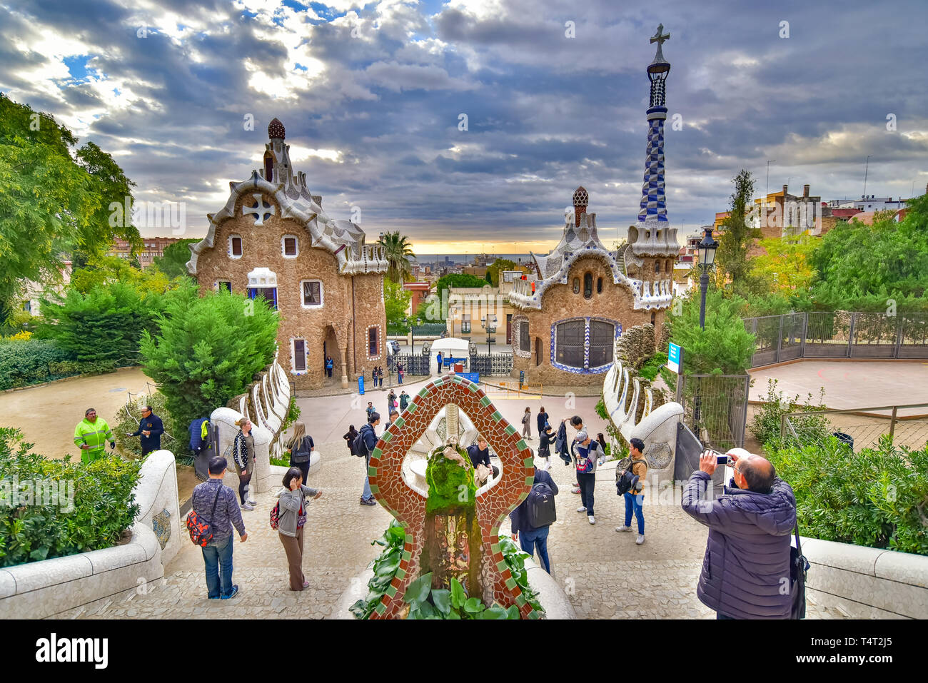 The dragon and the staircase of Park Guell in Barcelona, Spain Stock Photo