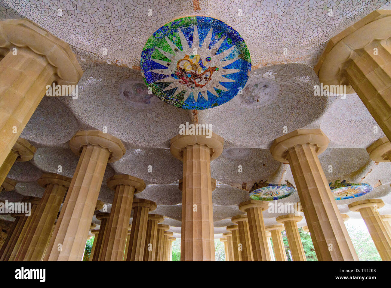 Hypostyle Room in Park Guell in Barcelona, Spain Stock Photo