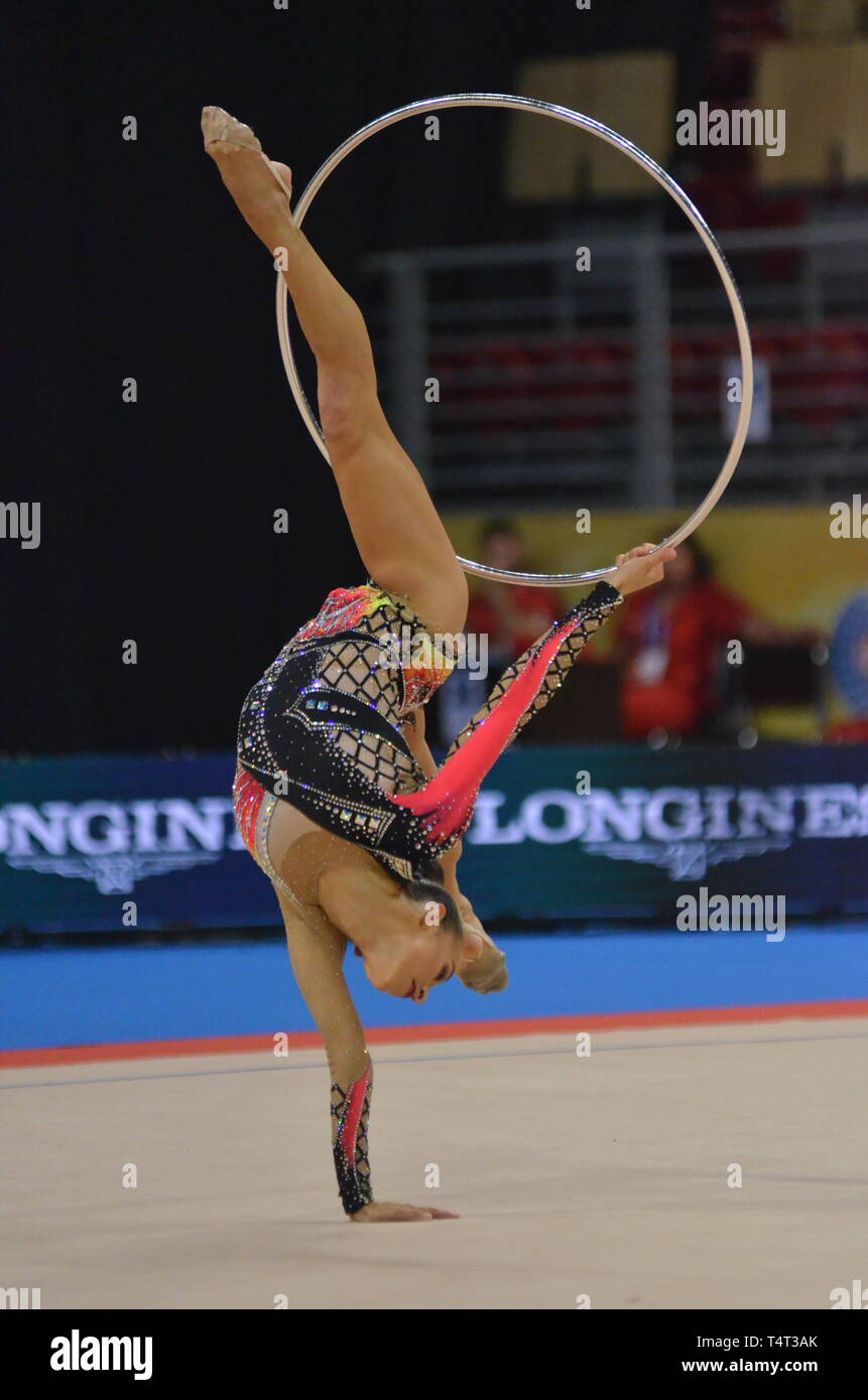 Julia Stavickaja (GER) of Germany perfors her hoop routine Qualifications at 36th FIG Rhythmic Gymnastics World Championships, September 11, 2018 Stock Photo