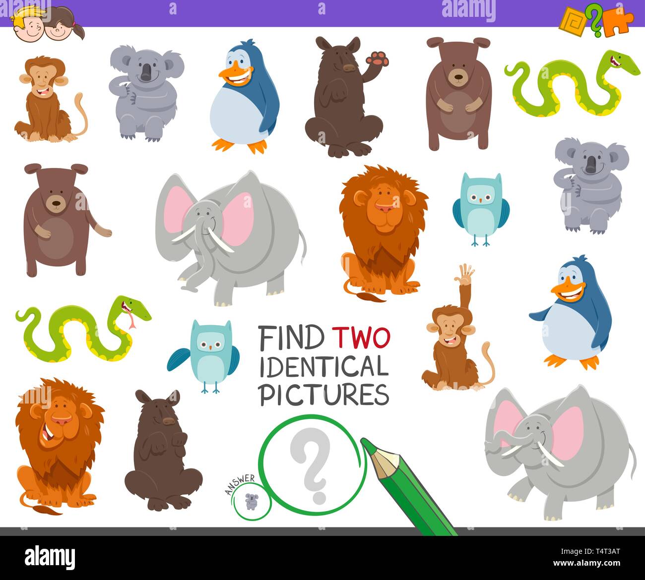 Cartoon Illustration of Finding Two Identical Pictures Educational Game ...