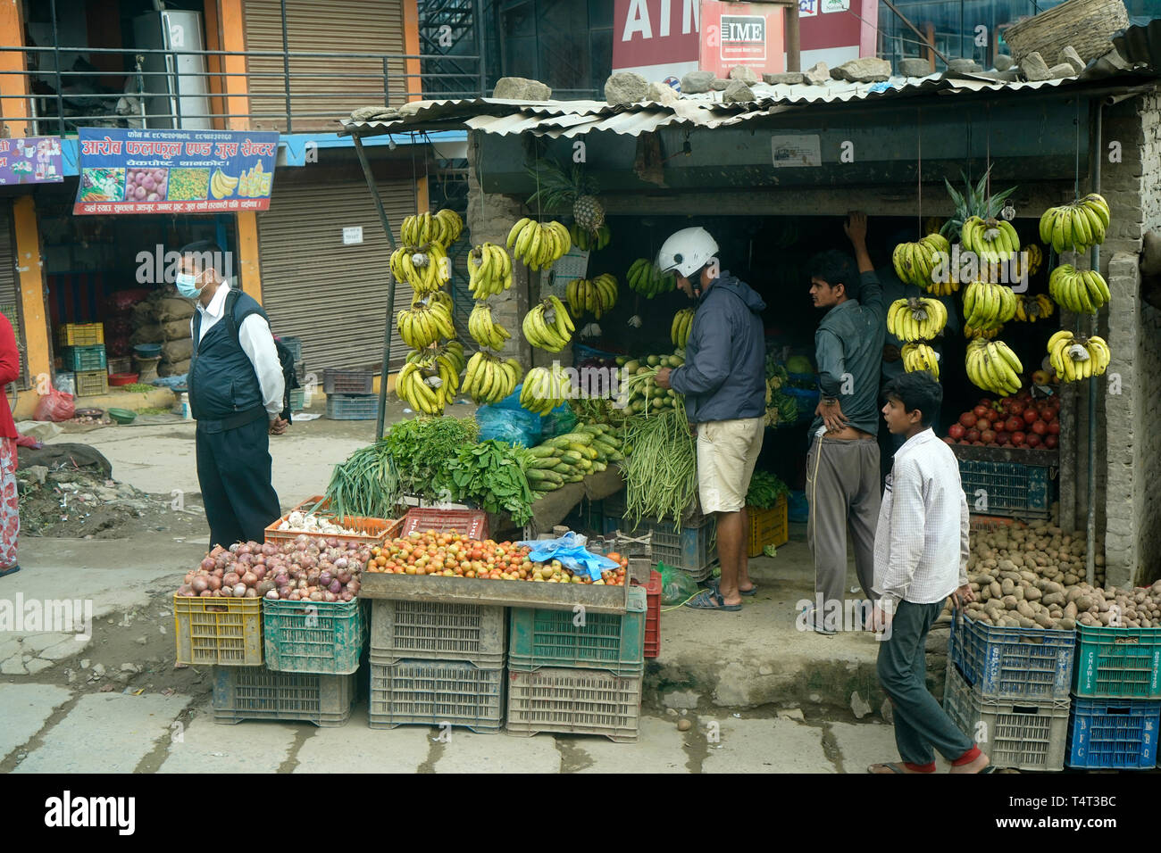 Bananas hanging on fruit stall in kathmandu hires stock photography