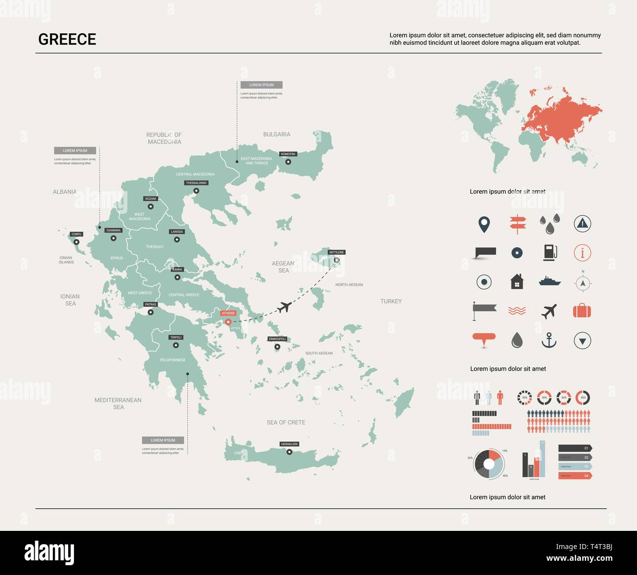 Vector map of Greece.  High detailed country map with division, cities and capital Athens. Political map,  world map, infographic elements. Stock Vector