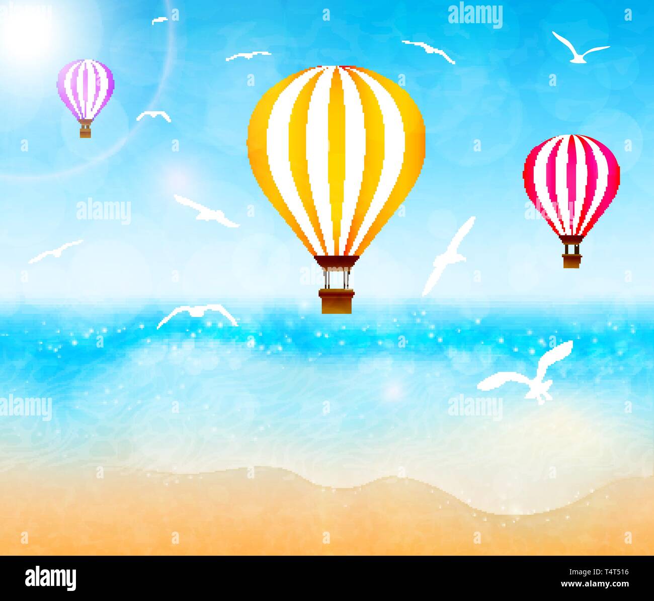 Colorful hot air balloons over the sea. Vector illustration Stock Vector