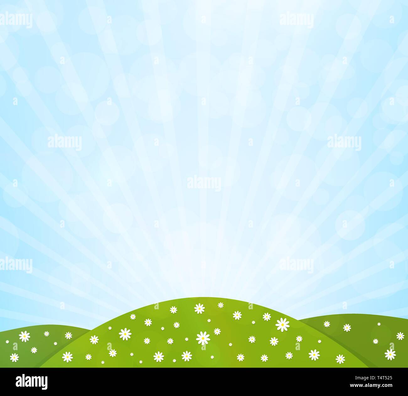 Nature background with green field, flowers and blue sky. Vector ...