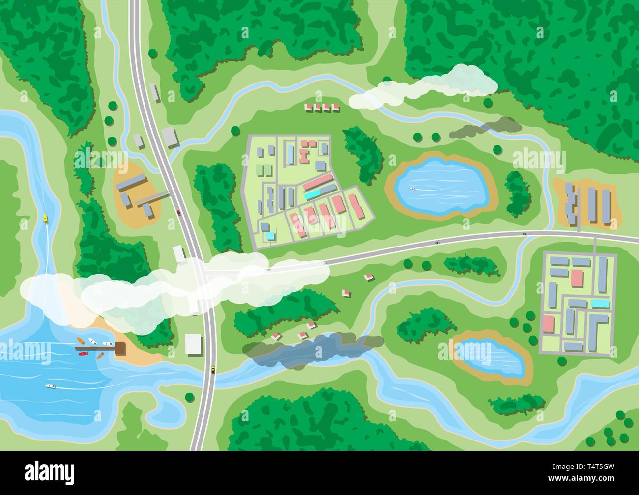 Suburban map with houses with car, boats, trees, road, river, forest, lake and clouds. Village aerial view. Vector illustration in flat style Stock Vector
