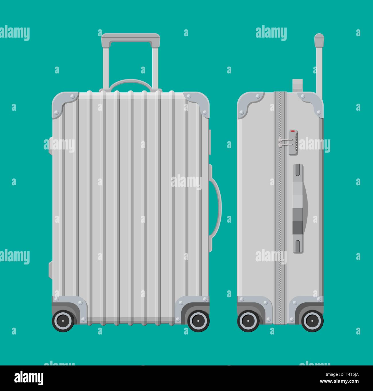 Silver travel bag. Plastic case. Trolley on wheels. Travel baggage and