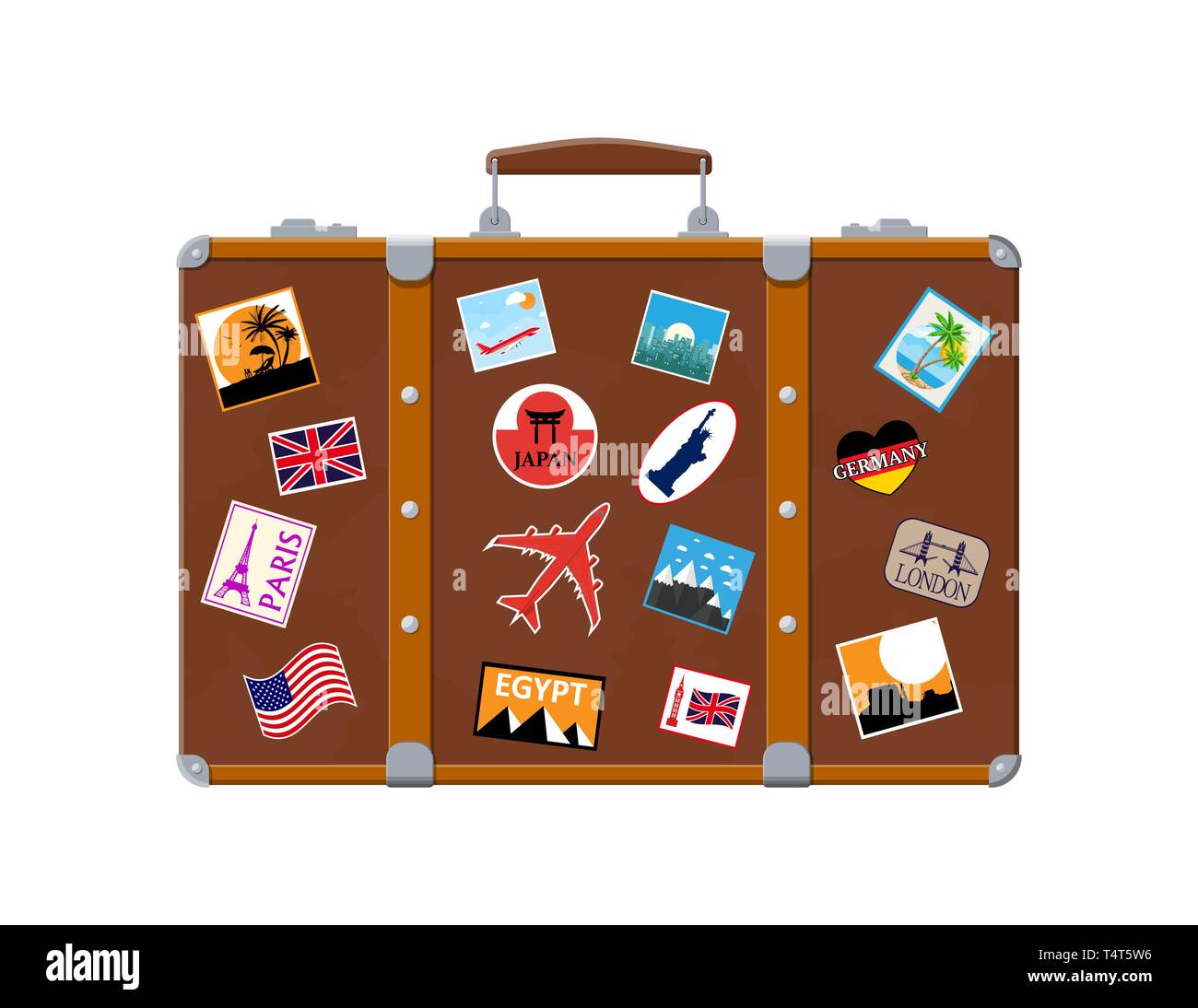 Vintage old travel suitcase. Leather retro bag with stickers. Brown briefcase with belts. Labels of countrys and citys all over the world. Baggage and Stock Vector