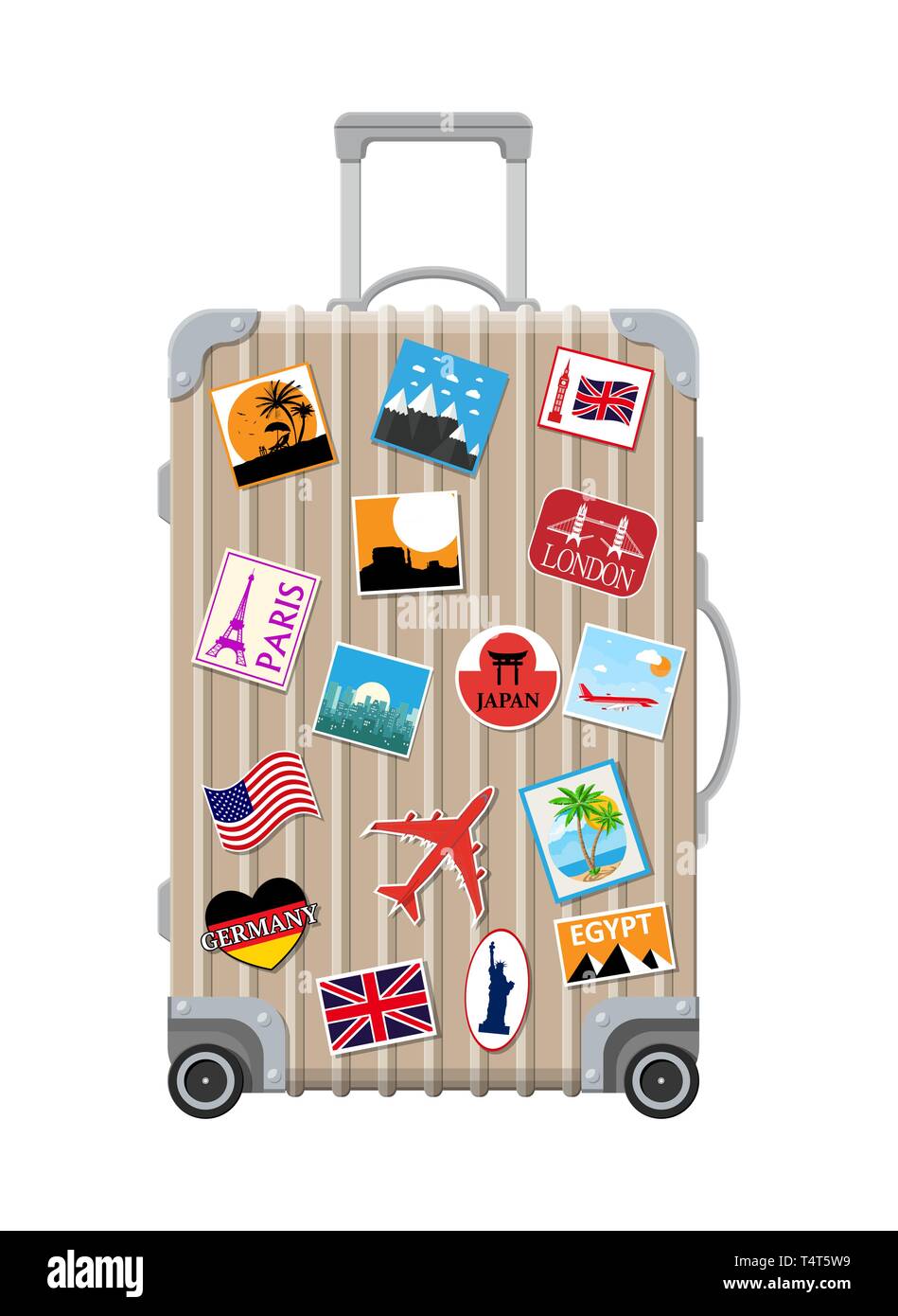 Silver travel bag. Plastic case with stickers. Trolley on wheels. Labels of countrys and citys all over the world. Baggage and luggage. Vector illustr Stock Vector