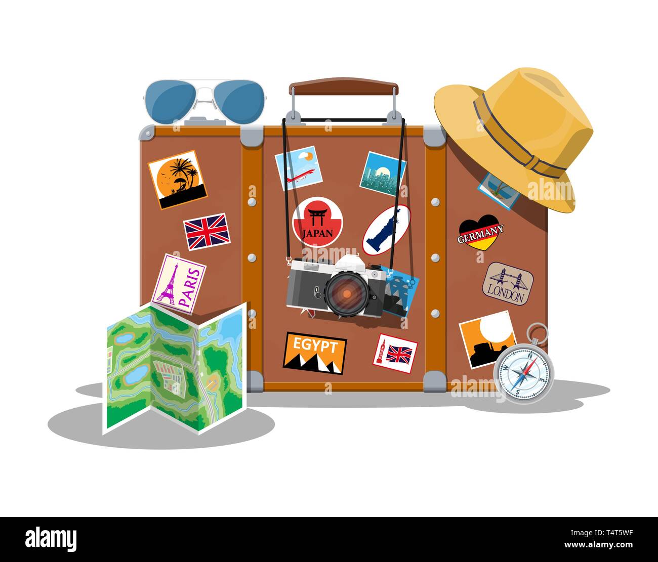 Vintage old travel suitcase. Leather retro bag with stickers. Hat, photo camera, eyeglasses, paper map, compass. Labels of places all over the world.  Stock Vector