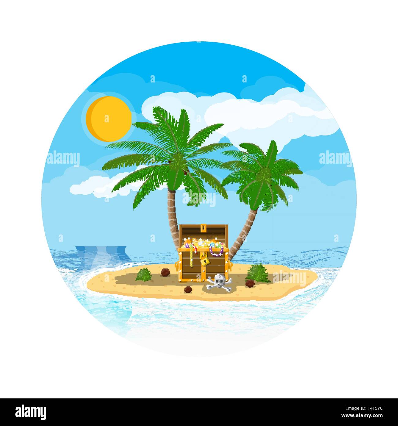 Pirates treasure island with chest full of gems and gold, death skull ...