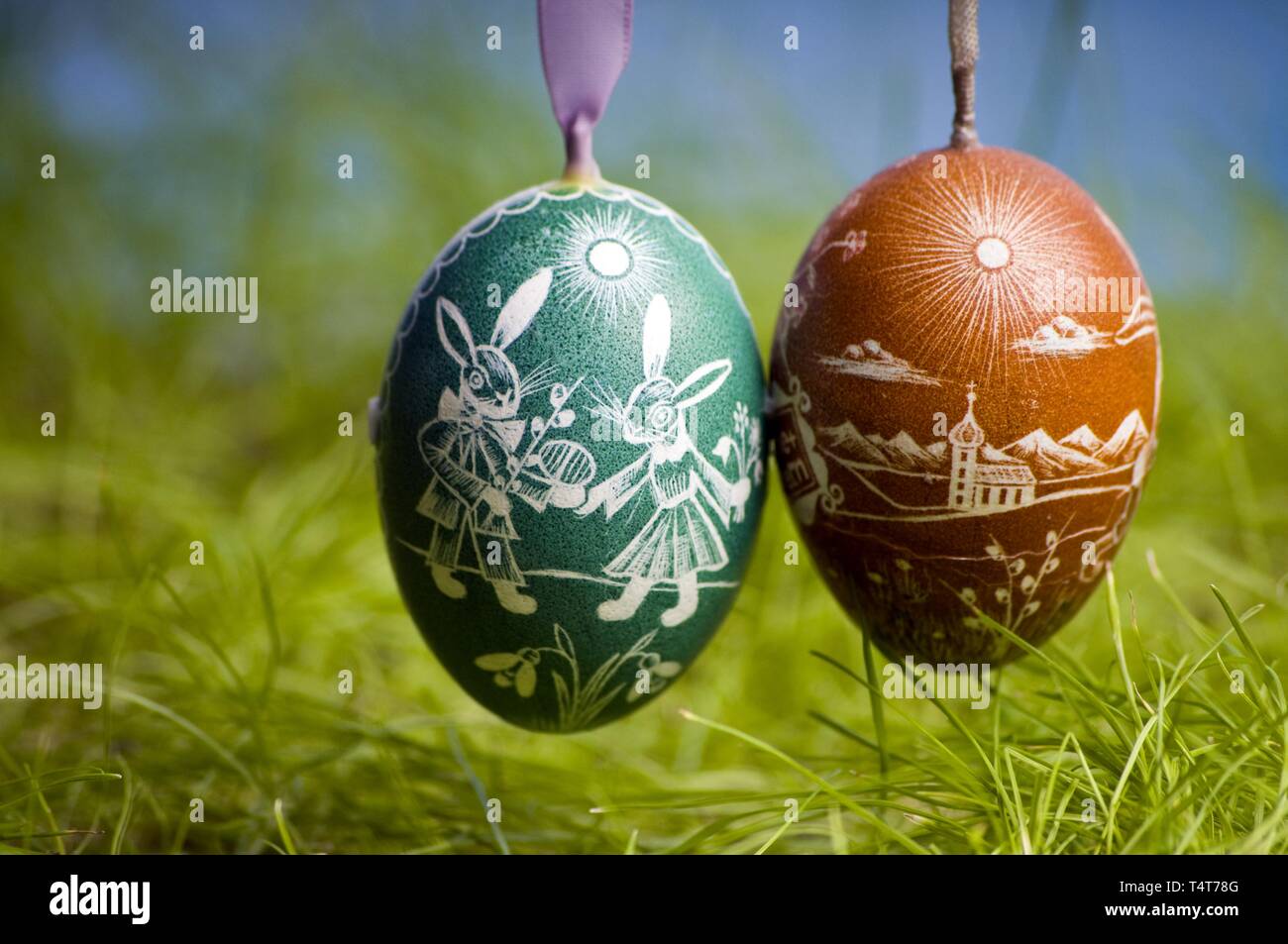 Hanging Easter eggs, Easter decorations, Bayern, Germany, Europe Stock