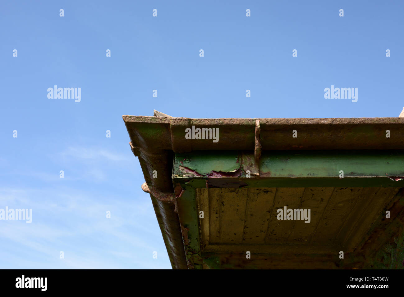 Missing Gutter Seafront promenade shelter close up of roof with gutter missing and ...