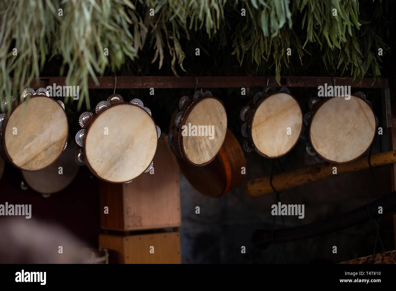Shop of wooden tambourines Stock Photo Alamy