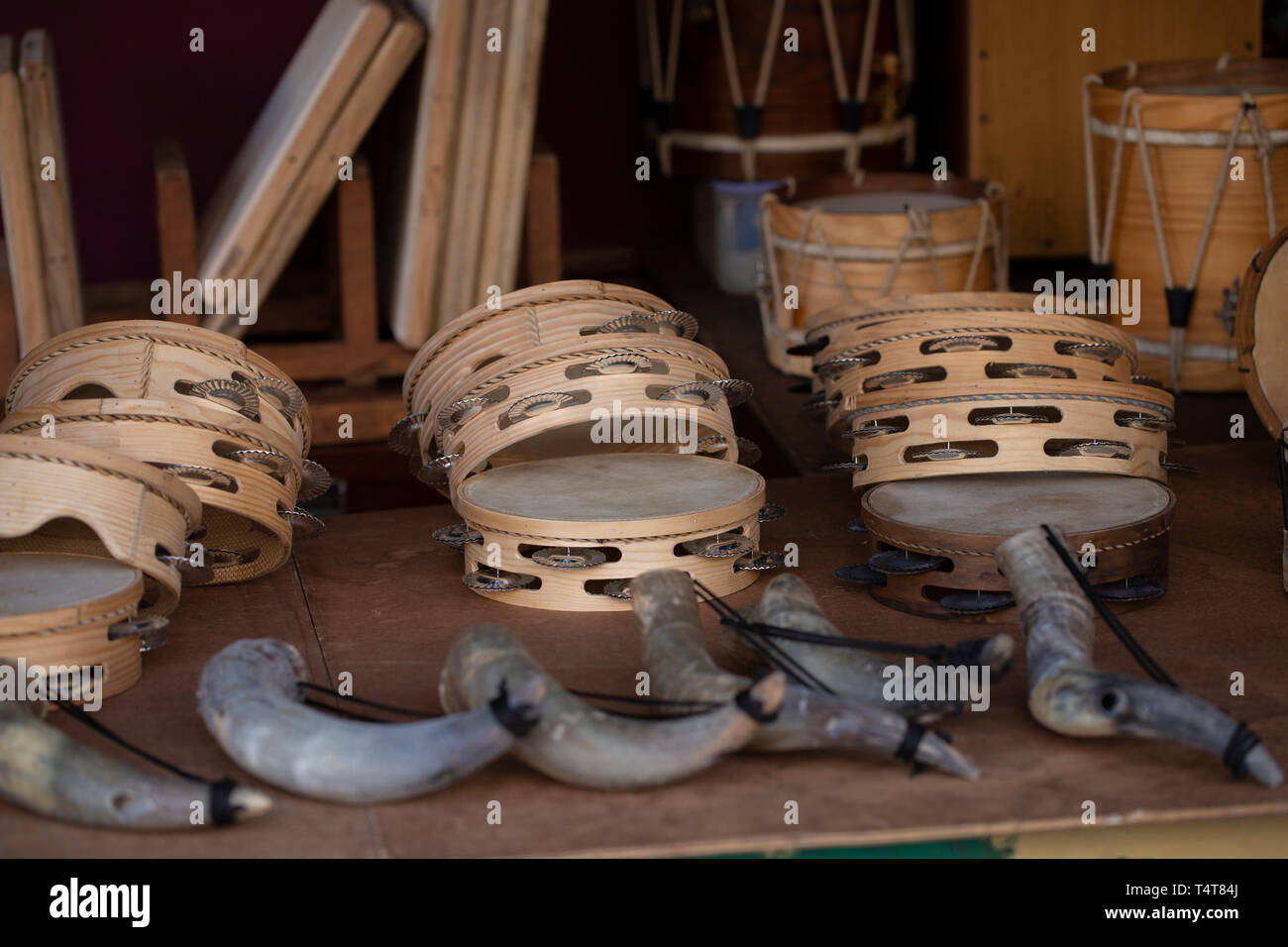 Shop of wooden tambourines Stock Photo Alamy
