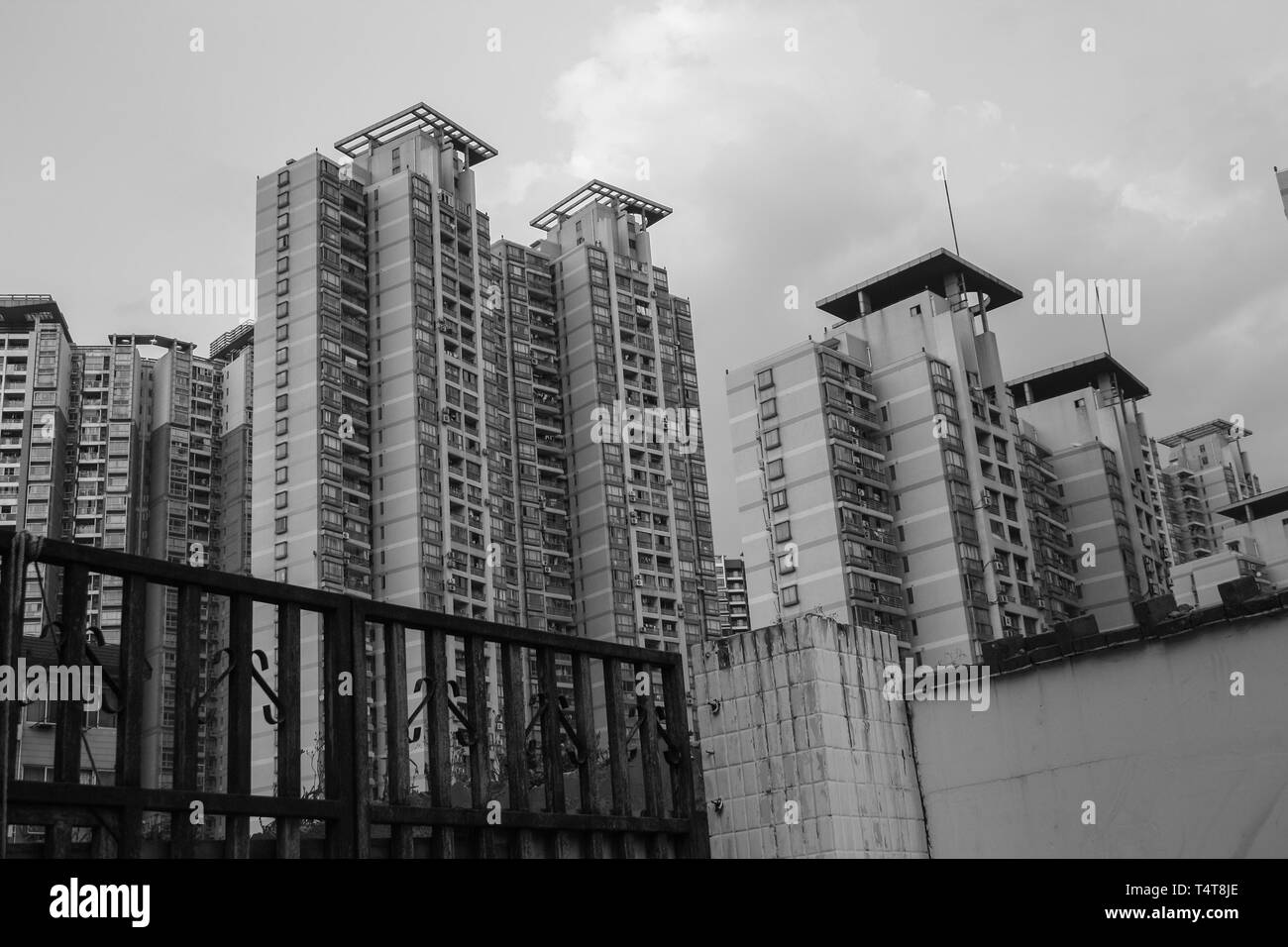 Black and white view on a district with numerous apartment towers in Tianjin, China Stock Photo