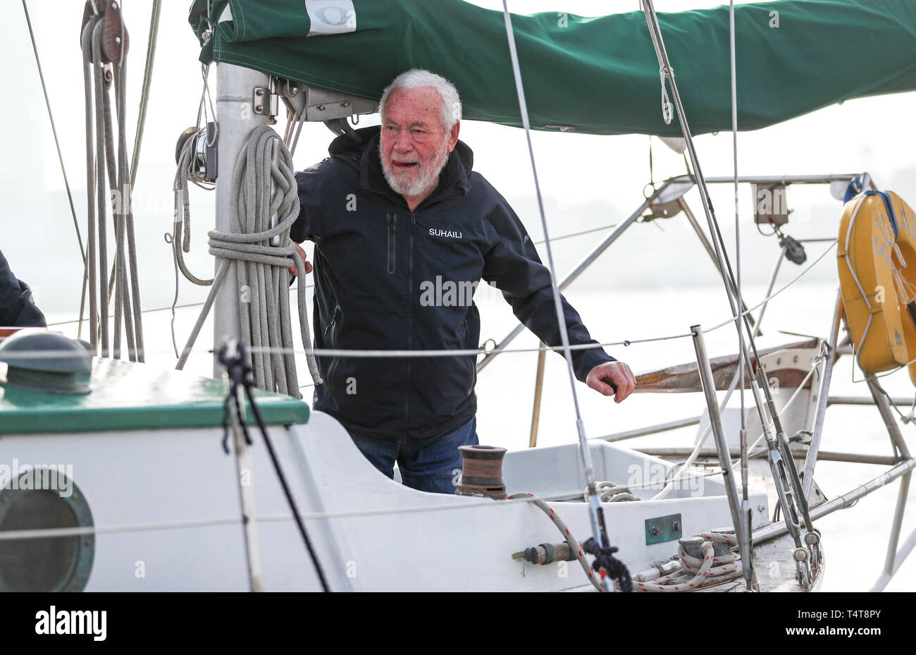 Sir Robin KnoxJohnson on board his boat in the Premier Marina, Gosport
