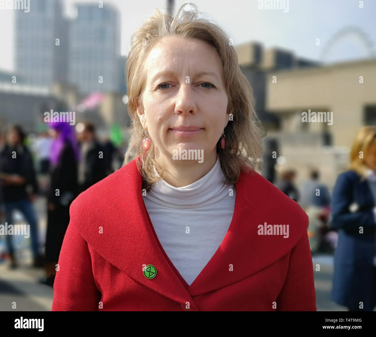 Co-founder of Extinction Rebellion Dr Gail Bradbrook on Waterloo Bridge, in London who has said protests will escalate if its demands are not met. It comes as Londoners face a fourth day of disruption in the capital, despite nearly 400 arrests. Stock Photo