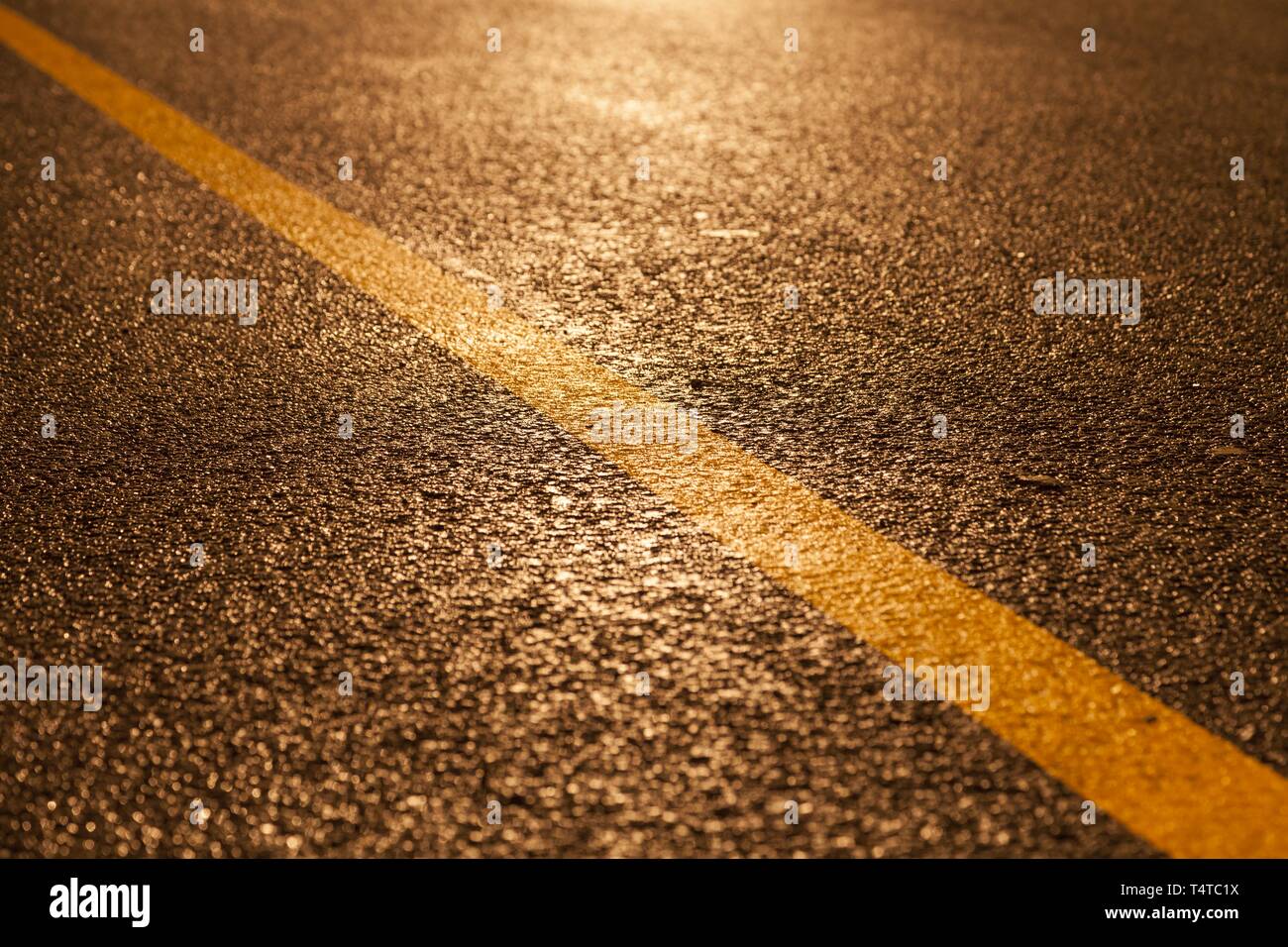 Yellow road marking at rain and at night, USA Stock Photo