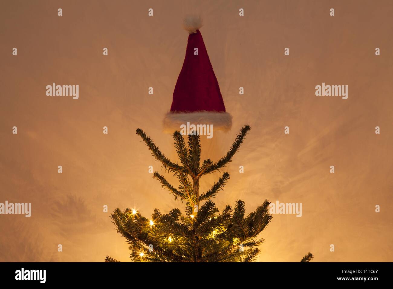 Top of a Christmas tree with a Christmas hat Stock Photo