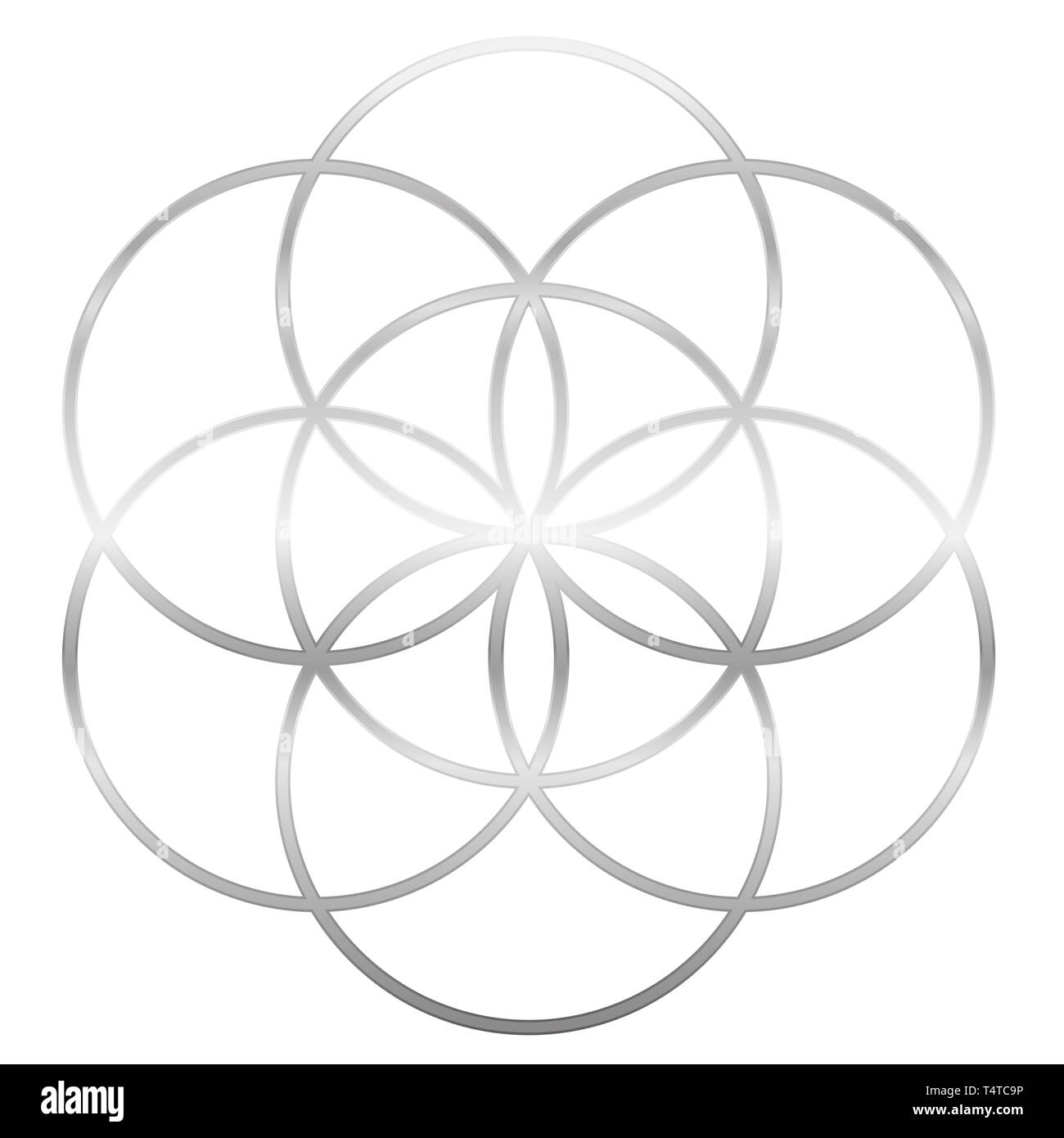 Silver Seed of Life. Precursor of Flower of Life symbol. Unique geometrical figure, composed of seven overlapping circles of same size. Stock Photo