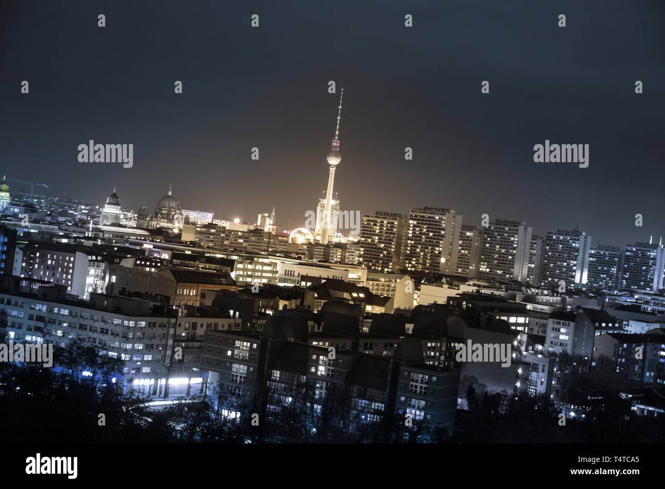 Panorama of the night skyline of Berlin with television tower, Berlin and French Cathedral, Berlin, Germany, Europe Stock Photo