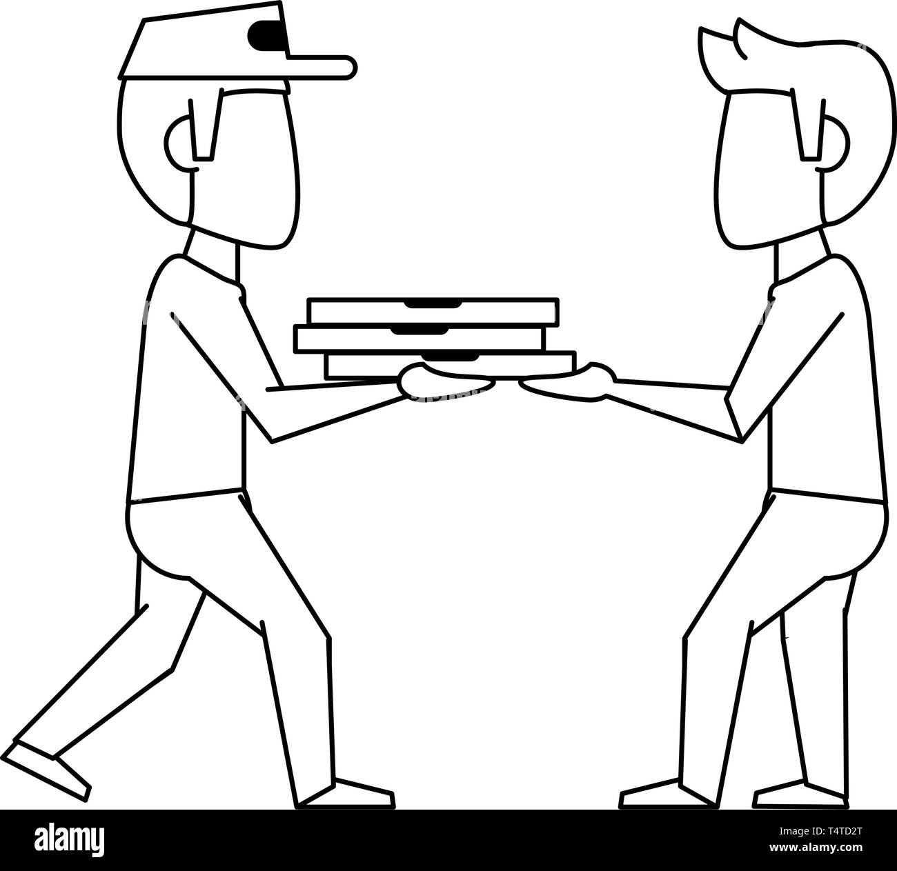 Pizza guy delivering to customer in black and white Stock Vector Image