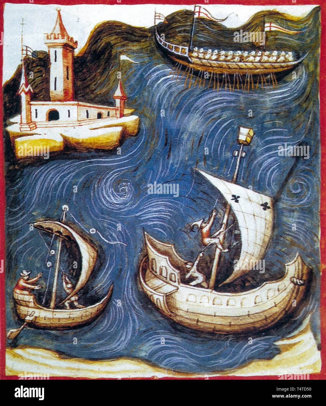 Miniature depicting a journey by sea, very frequent in a mercantile environment in the Middle Ages Stock Photo