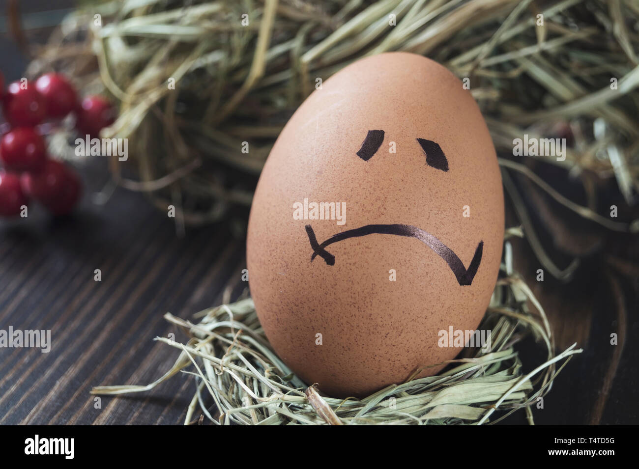 Funny egg with sad face, close up Stock Photo