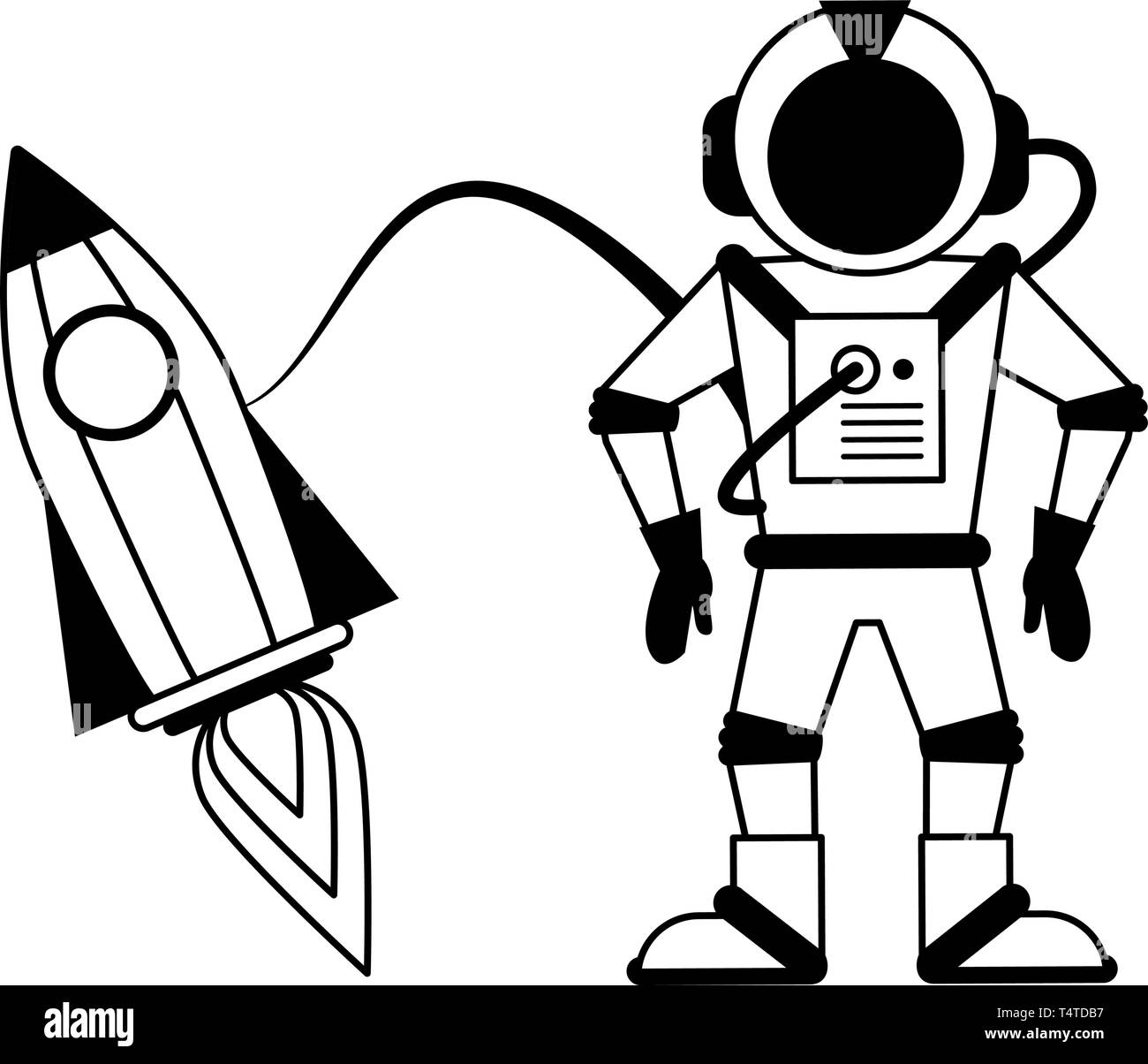 Astronaut and spaceship cartoon in black and white Stock Vector Image ...