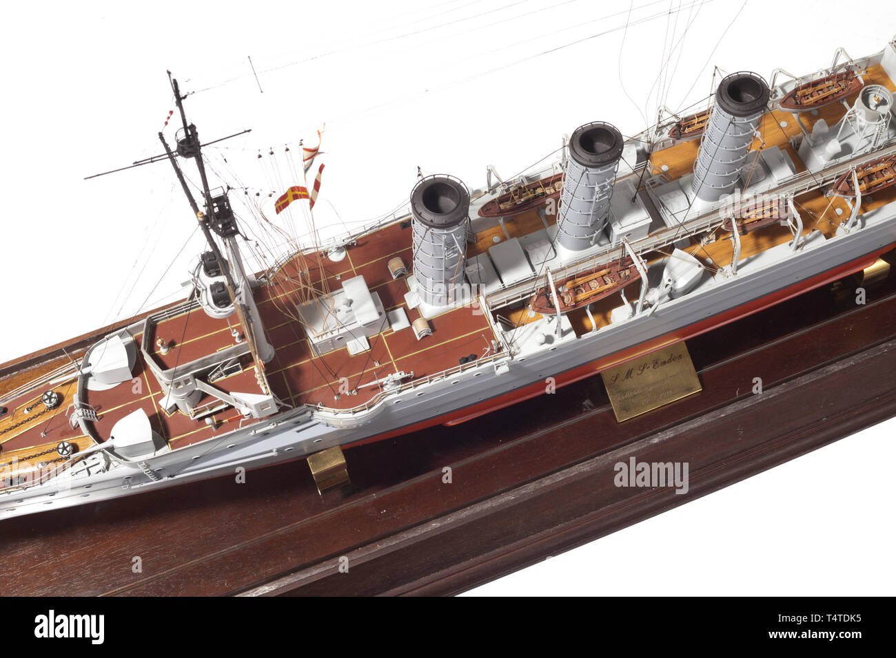 A model of SMS 'Emden', a light cruiser of the German Imperial Navy, Complete model in a scale of 1:100. Length 120 cm, width 13 cm, height 41 cm. Extremely detailed model of wood, plastic, and metal, of very high quality craftsmanship. The model is mounted on a specially built mahogany base under a Plexiglas cover. Length 132 cm, width 32 cm, height 133 cm. Commissioned in 1909 at the imperial dockyard in Danzig. Armed with ten 10.5 cm cannons, eight 5.2 cm cannons, two torpedo tubes. Engines delivered 16390 psi. After 1910, on foreign service i, Additional-Rights-Clearance-Info-Not-Available Stock Photo
