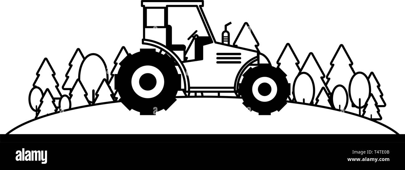 Farm tractor in nature scenery in black and white Stock Vector Image ...