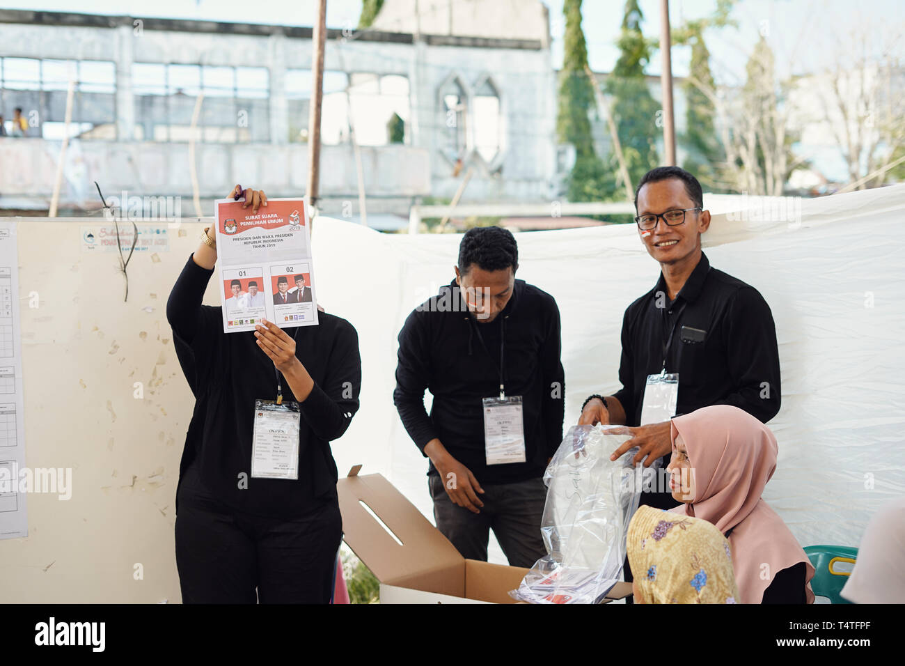 Banda Aceh, Indonesia - April 17: election officials count ballots presidential election at Kampung Mulia Polling station in Banda Aceh Stock Photo